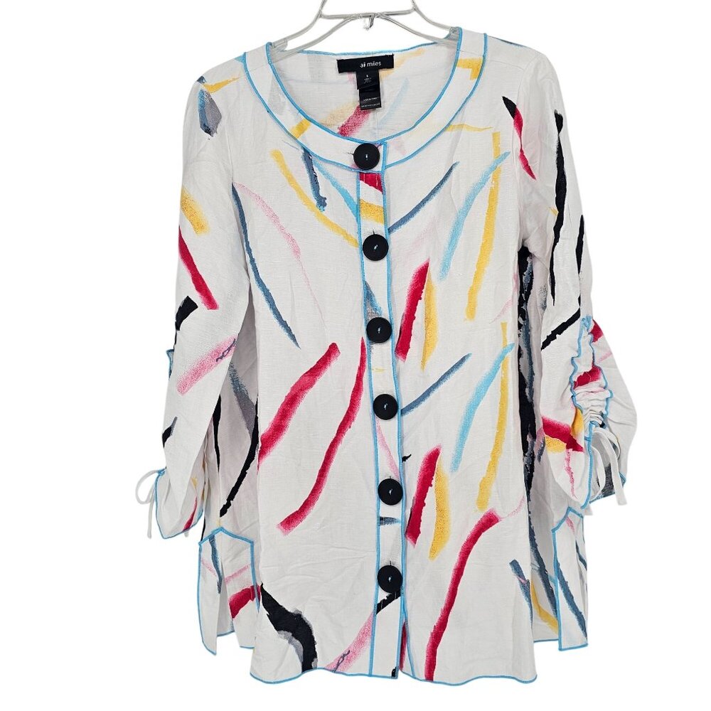 Ali Miles Linen Button Up Swing Tunic‎ S Ruched Watercolor Abstract Oversized